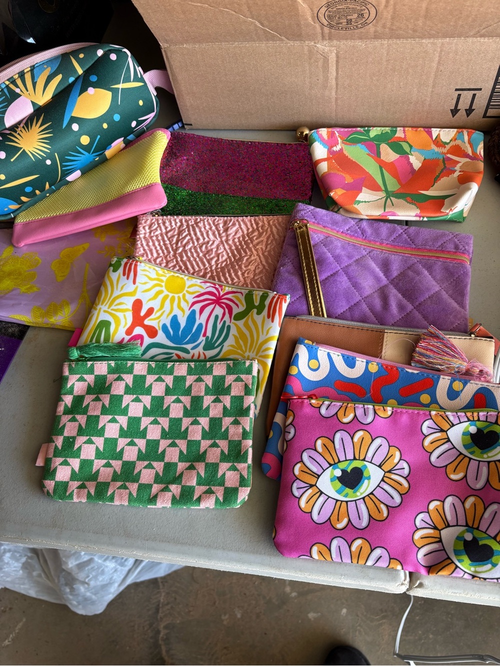 ipsy Pink & Green Patterned Cosmetic Pouch Set